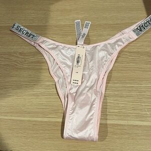 Victoria's Secret Pale Pink Satin Thong with Rhinestone Logo Bands